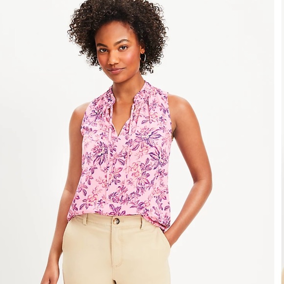 Loft Vine Shirred Tie Neck Mixed Media Shell in Floral, Shades of Pink, Size XL - Picture 17 of 17